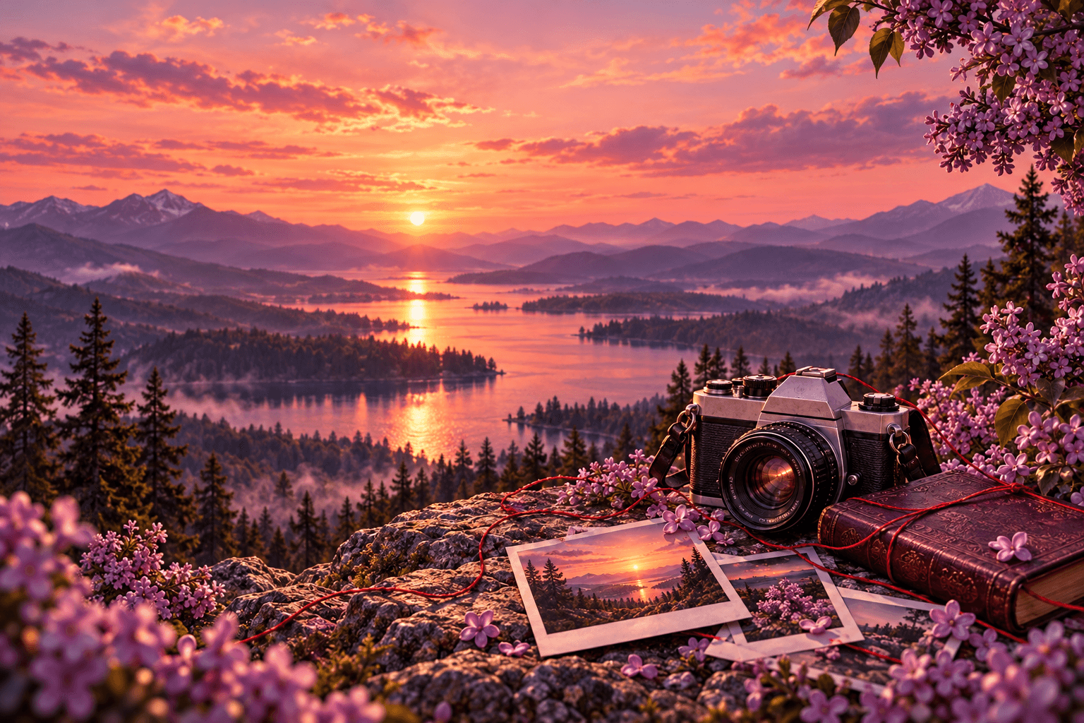 A vintage film camera, lilac flowers, photographs, and red thread overlooking a mountain lake at a peach and lavender sunset